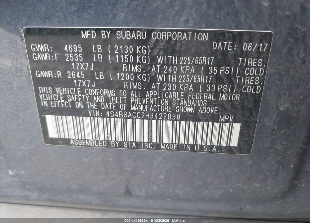 2017 SUBARU OUTBACK 2.5I PREMIUM VIN: 4S4BSACC2H3422890