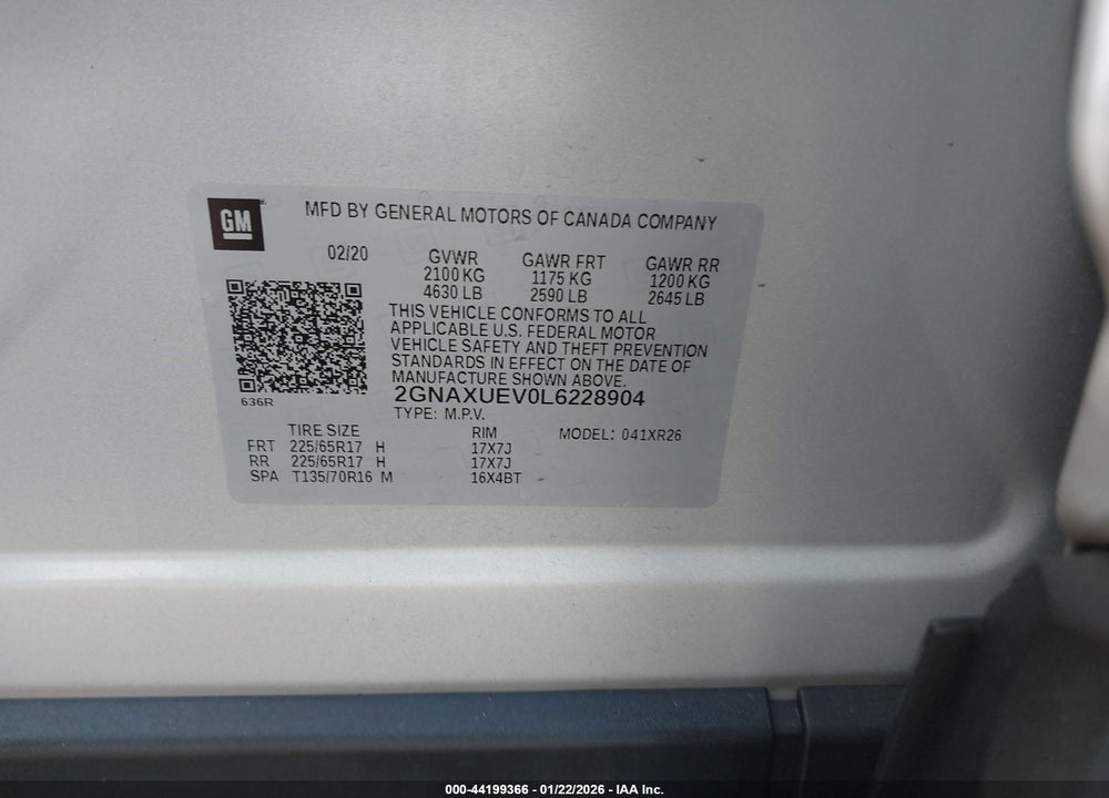 2020 CHEVROLET EQUINOX AWD LT 1.5L TURBO VIN: 2GNAXUEV0L6228904