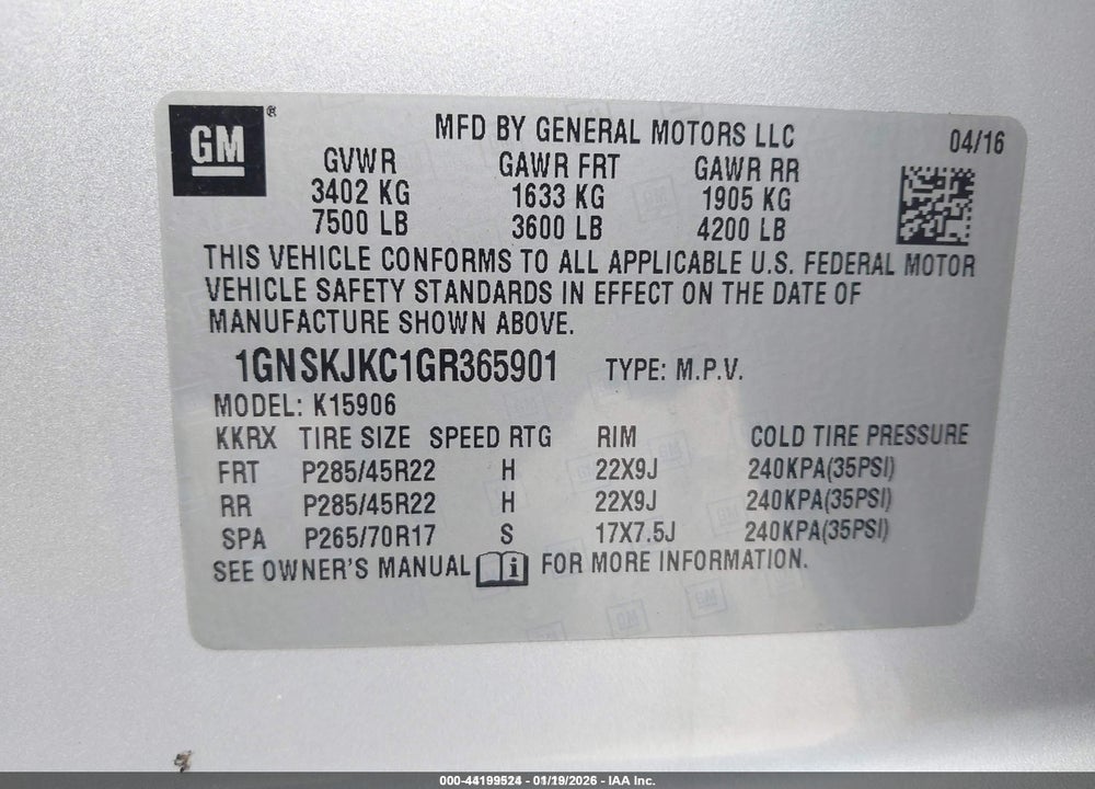2016 CHEVROLET SUBURBAN LTZ VIN: 1GNSKJKC1GR365901