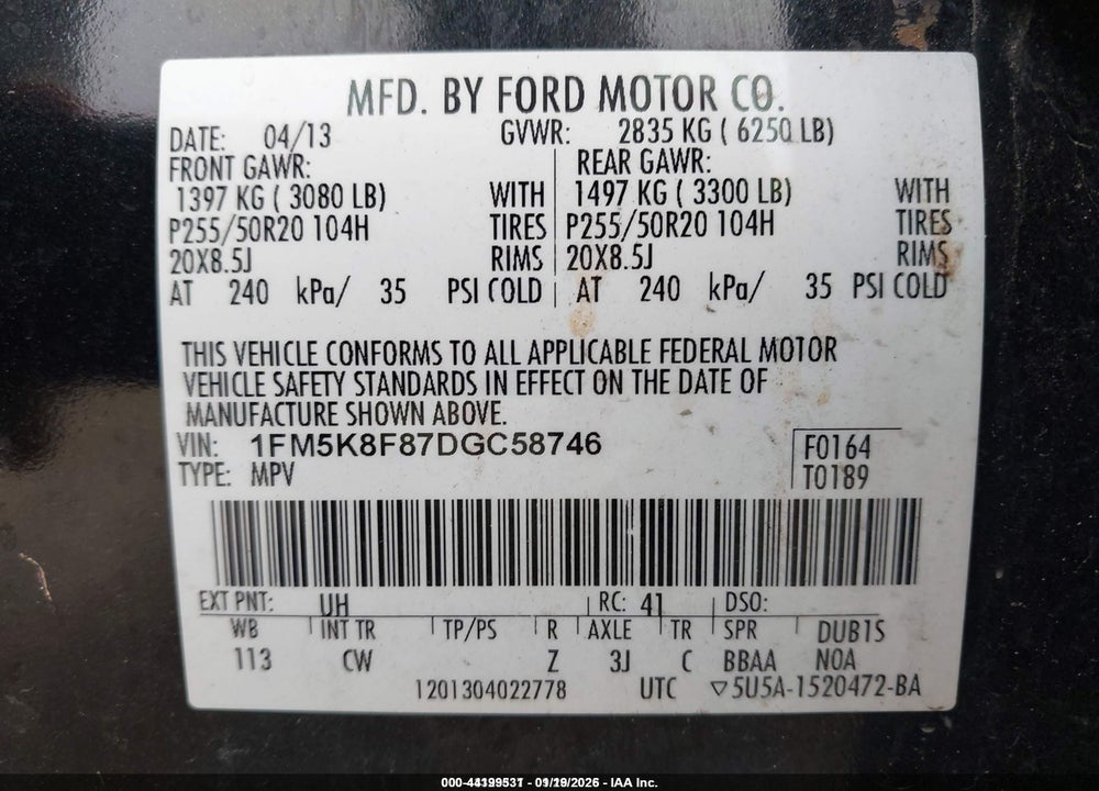2013 FORD EXPLORER LIMITED VIN: 1FM5K8F87DGC58746
