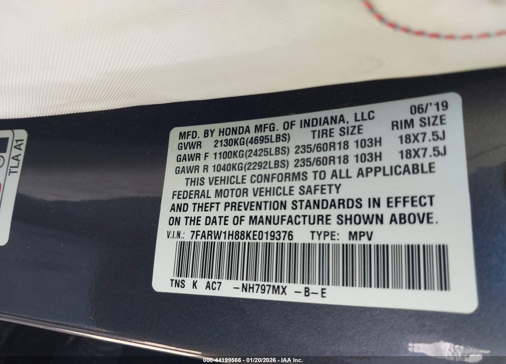 2019 HONDA CR-V EX-L VIN: 7FARW1H88KE019376