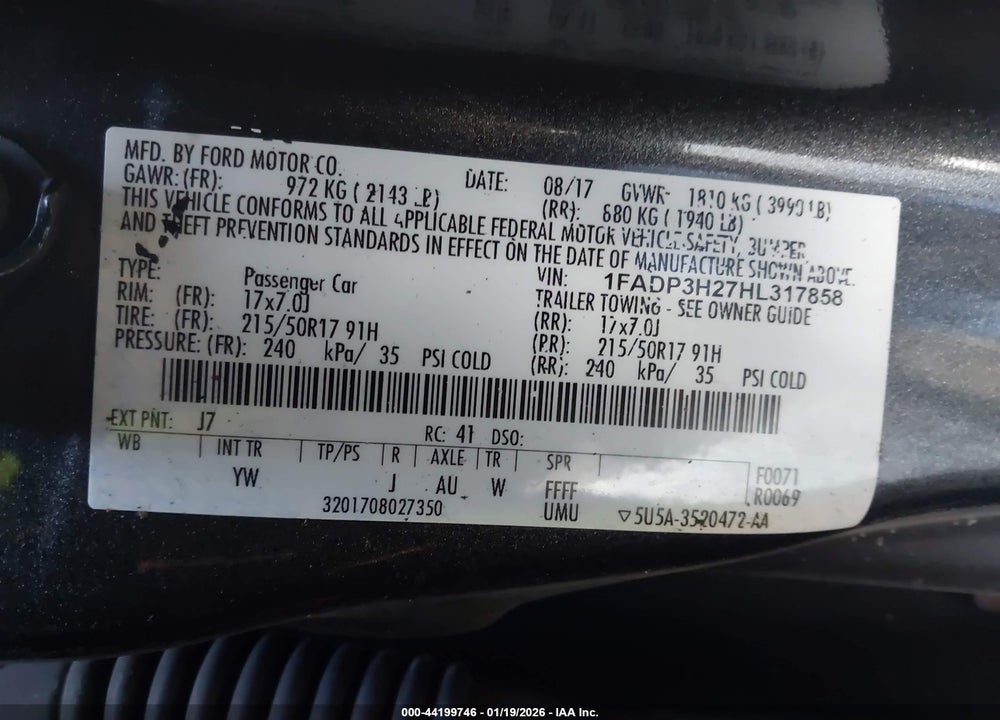2017 FORD FOCUS SEL VIN: 1FADP3H27HL317858