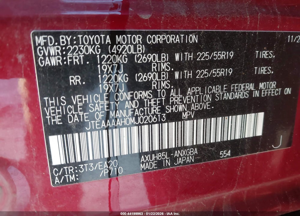 2021 TOYOTA VENZA XLE VIN: JTEAAAAH0MJ020613