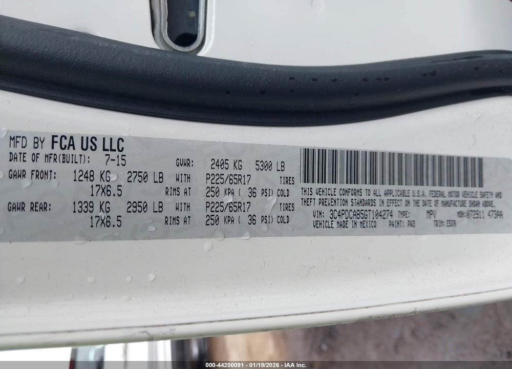 2016 DODGE JOURNEY SE VIN: 3C4PDCAB5GT104274