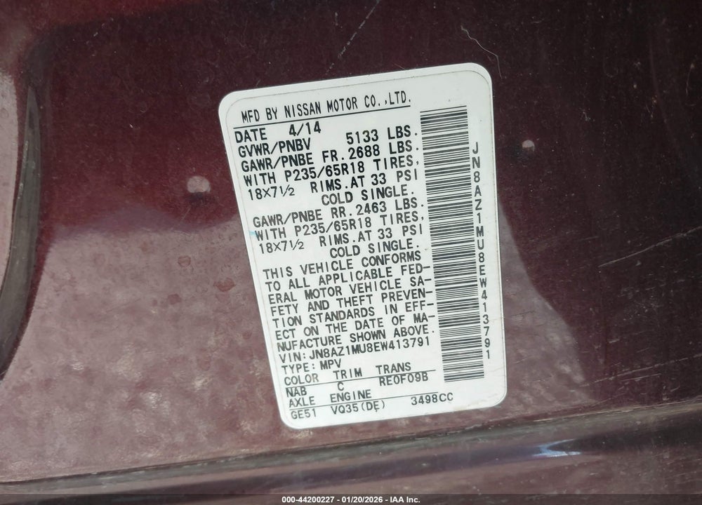 2014 NISSAN MURANO VIN: JN8AZ1MU8EW413791