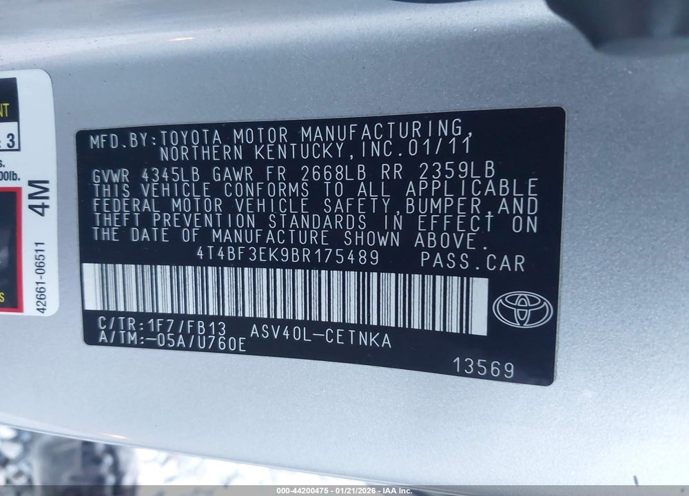 2011 TOYOTA CAMRY LE VIN: 4T4BF3EK9BR175489