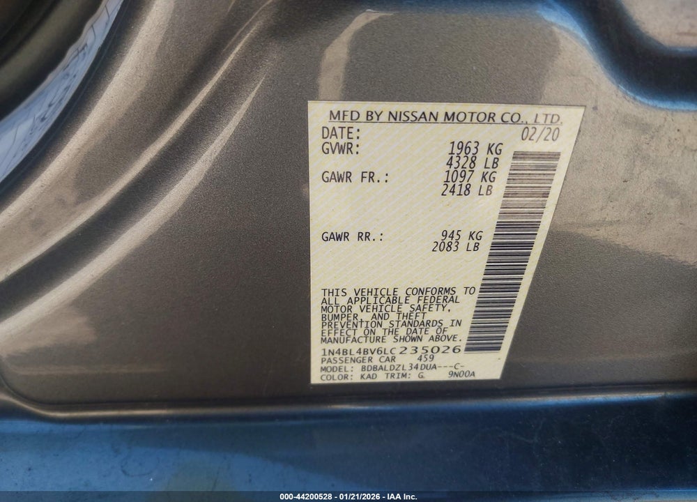 2020 NISSAN ALTIMA S FWD VIN: 1N4BL4BV6LC235026