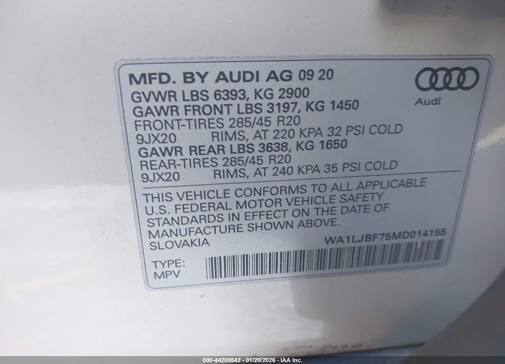 2021 AUDI Q7 PREMIUM PLUS 45 TFSI QUATTRO TIPTRONIC VIN: WA1LJBF75MD014155