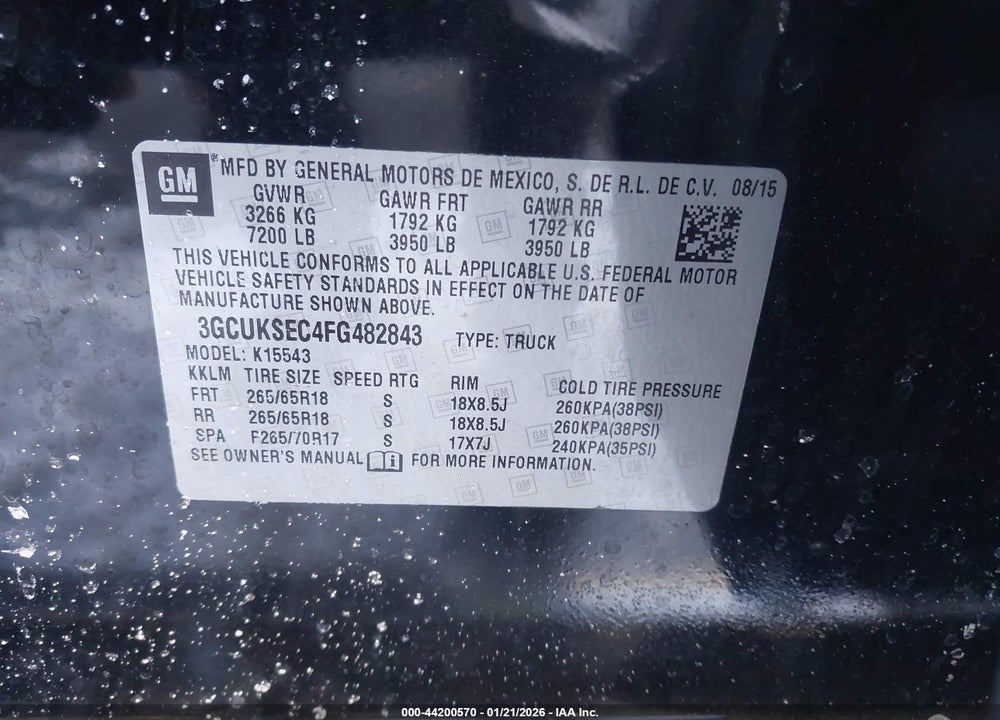 2015 CHEVROLET SILVERADO 1500 2LZ VIN: 3GCUKSEC4FG482843