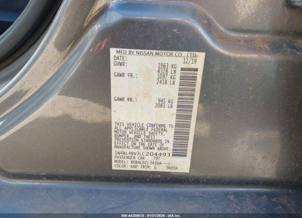 2020 NISSAN ALTIMA S FWD VIN: 1N4BL4BV3LC204493