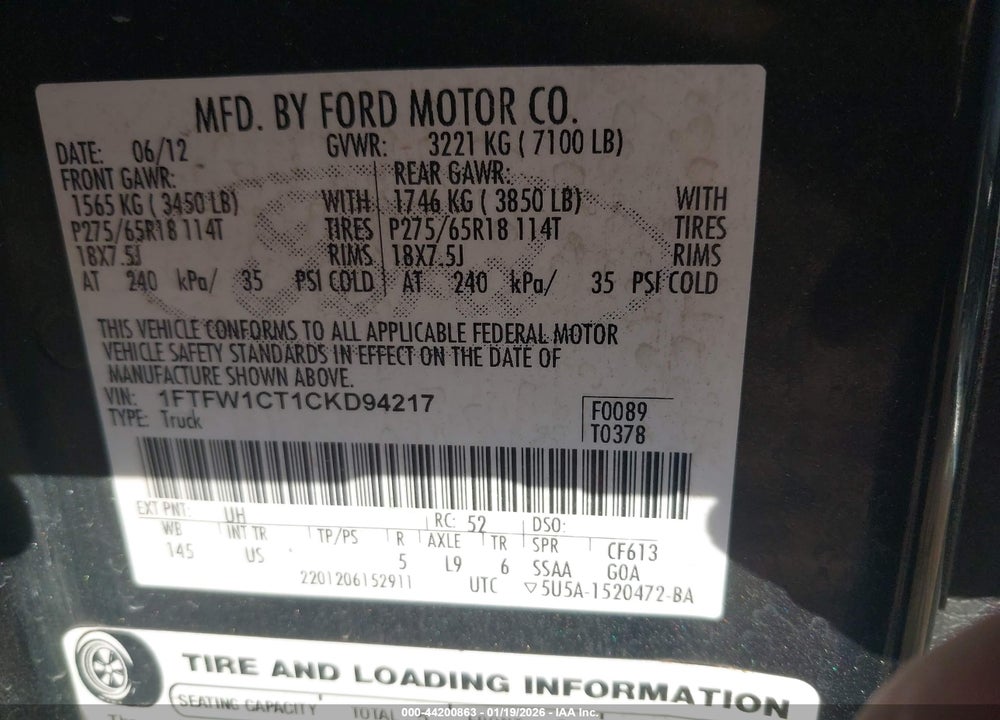 2012 FORD F-150 XLT VIN: 1FTFW1CT1CKD94217