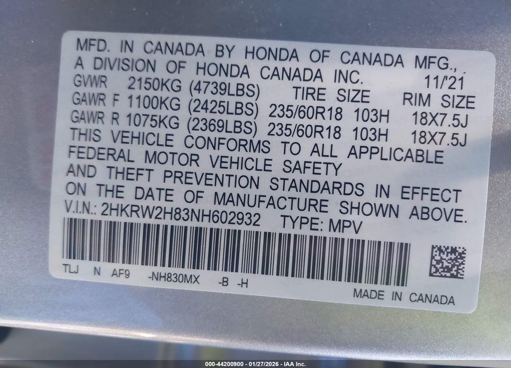 2022 HONDA CR-V AWD EX-L VIN: 2HKRW2H83NH602932