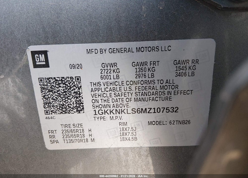 2021 GMC ACADIA FWD SLE VIN: 1GKKNKLS6MZ107532