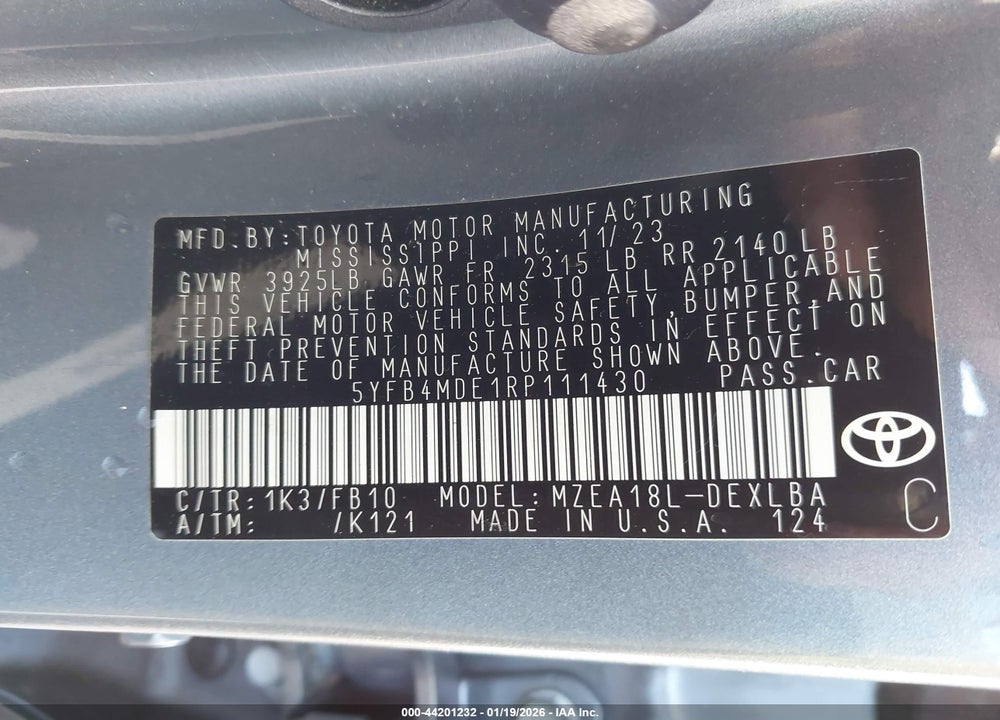 2024 TOYOTA COROLLA LE VIN: 5YFB4MDE1RP111430