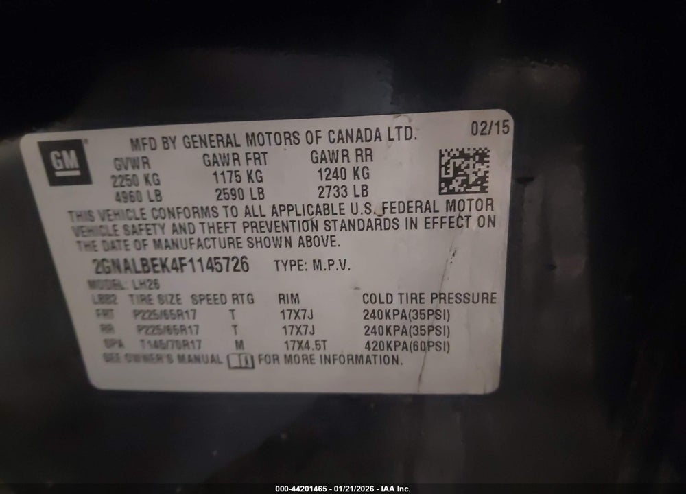 2015 CHEVROLET EQUINOX 1LT VIN: 2GNALBEK4F1145726