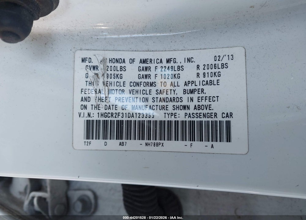 2013 HONDA ACCORD LX VIN: 1HGCR2F31DA123355