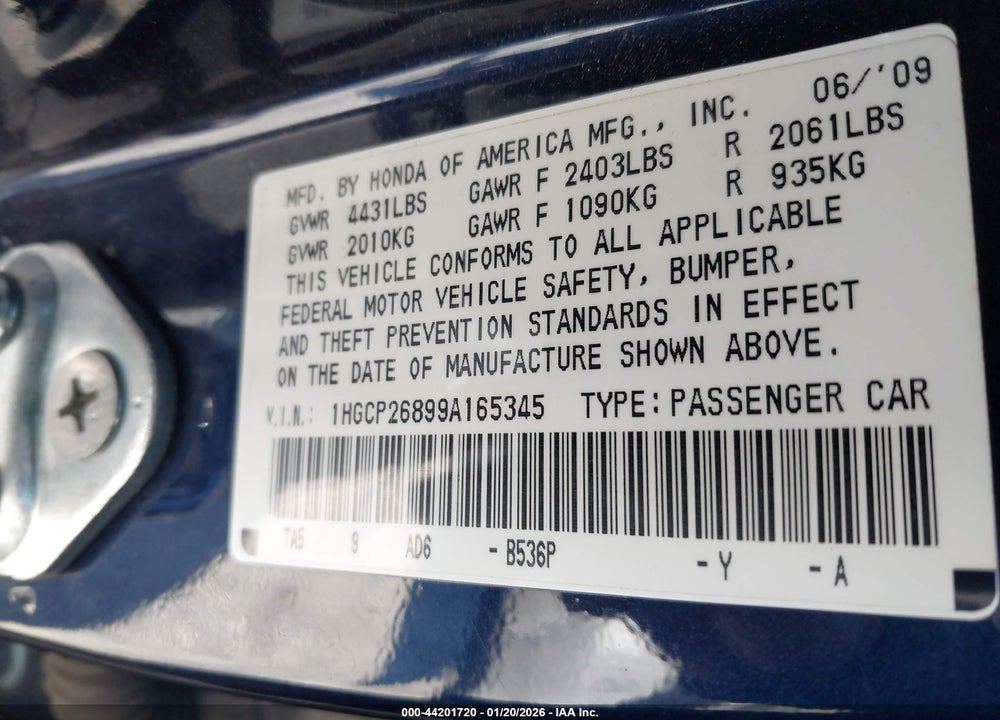 2009 HONDA ACCORD 2.4 EX-L VIN: 1HGCP26899A165345