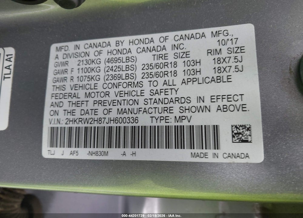 2018 HONDA CR-V EX-L/EX-L NAVI VIN: 2HKRW2H87JH600336