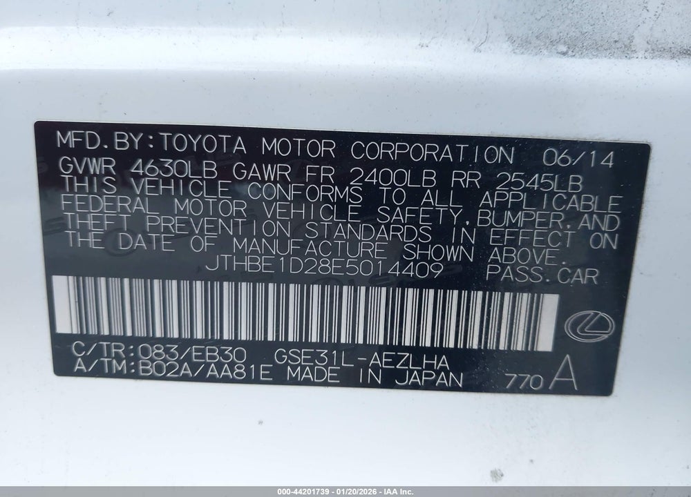2014 LEXUS IS 350 VIN: JTHBE1D28E5014409