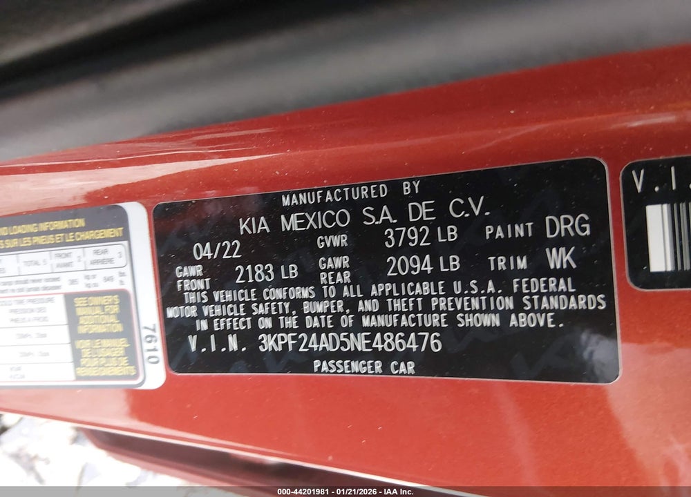 2022 KIA FORTE LXS VIN: 3KPF24AD5NE486476