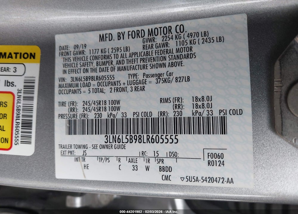 2020 LINCOLN MKZ STANDARD VIN: 3LN6L5B98LR605555