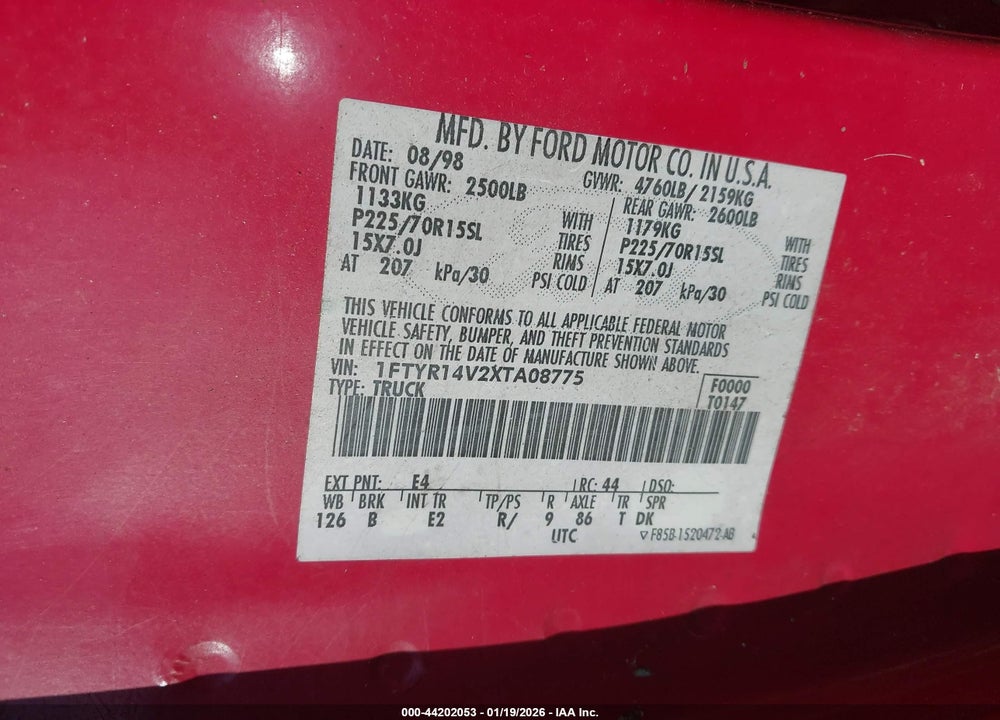 1999 FORD RANGER XL/XLT VIN: 1FTYR14V2XTA08775
