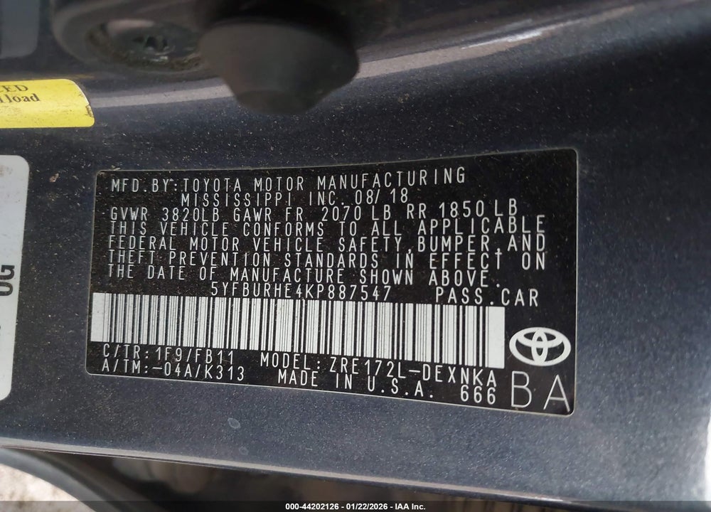 2019 TOYOTA COROLLA LE VIN: 5YFBURHE4KP887547
