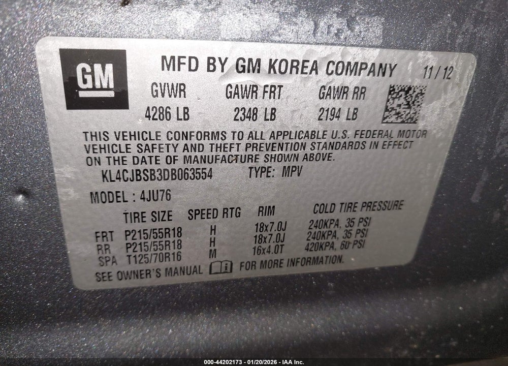 2013 BUICK ENCORE CONVENIENCE VIN: KL4CJBSB3DB063554