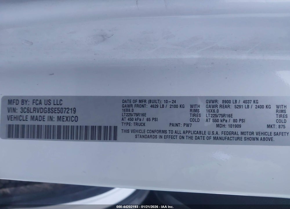 2025 RAM PROMASTER 2500 TRADESMAN HIGH ROOF 159 WB W/PASS SEAT VIN: 3C6LRVDG8SE507219