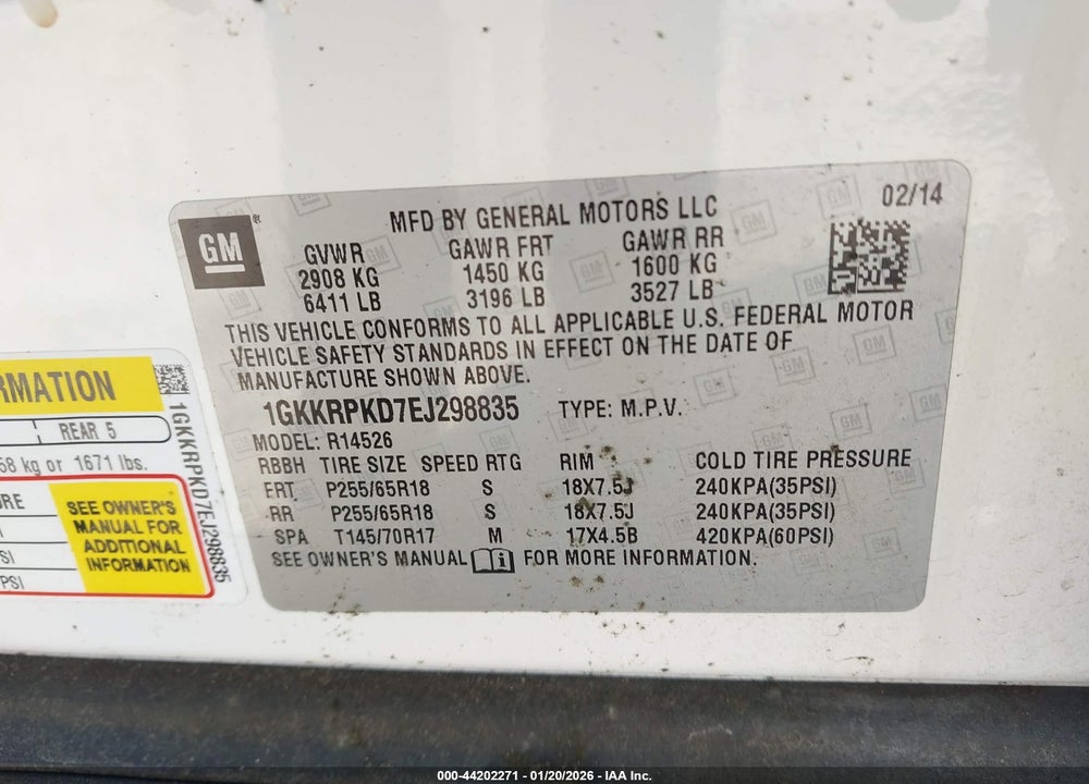 2014 GMC ACADIA SLE-2 VIN: 1GKKRPKD7EJ298835