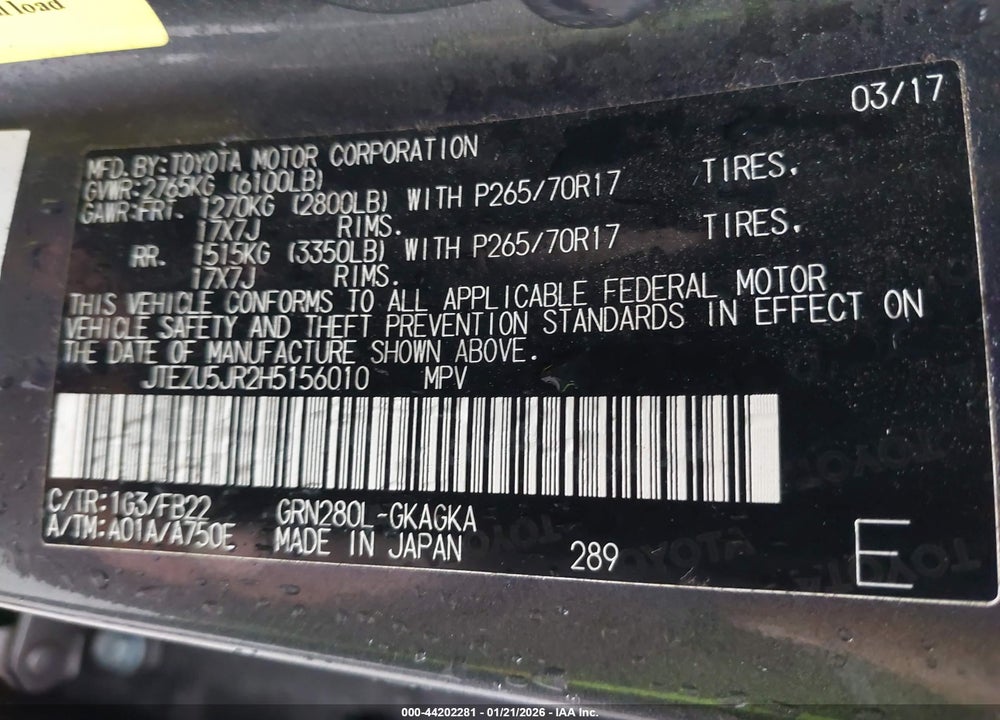 2017 TOYOTA 4RUNNER SR5 VIN: JTEZU5JR2H5156010