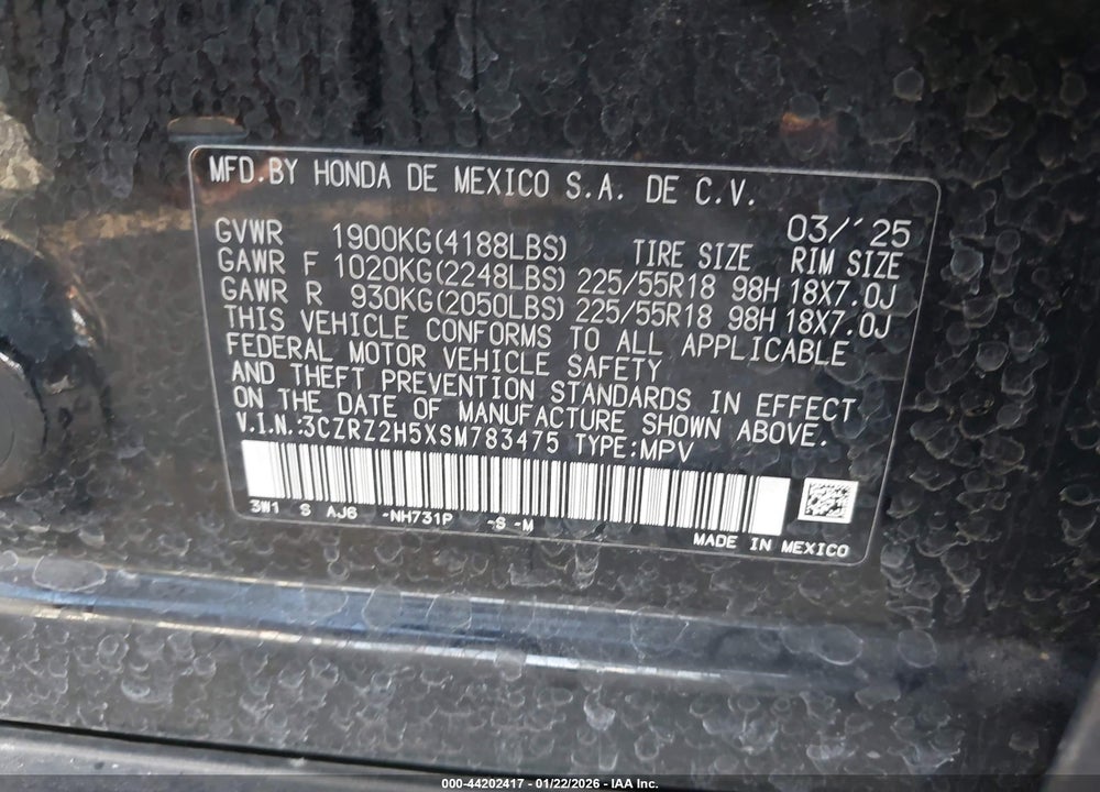 2025 HONDA HR-V AWD SPORT VIN: 3CZRZ2H5XSM783475