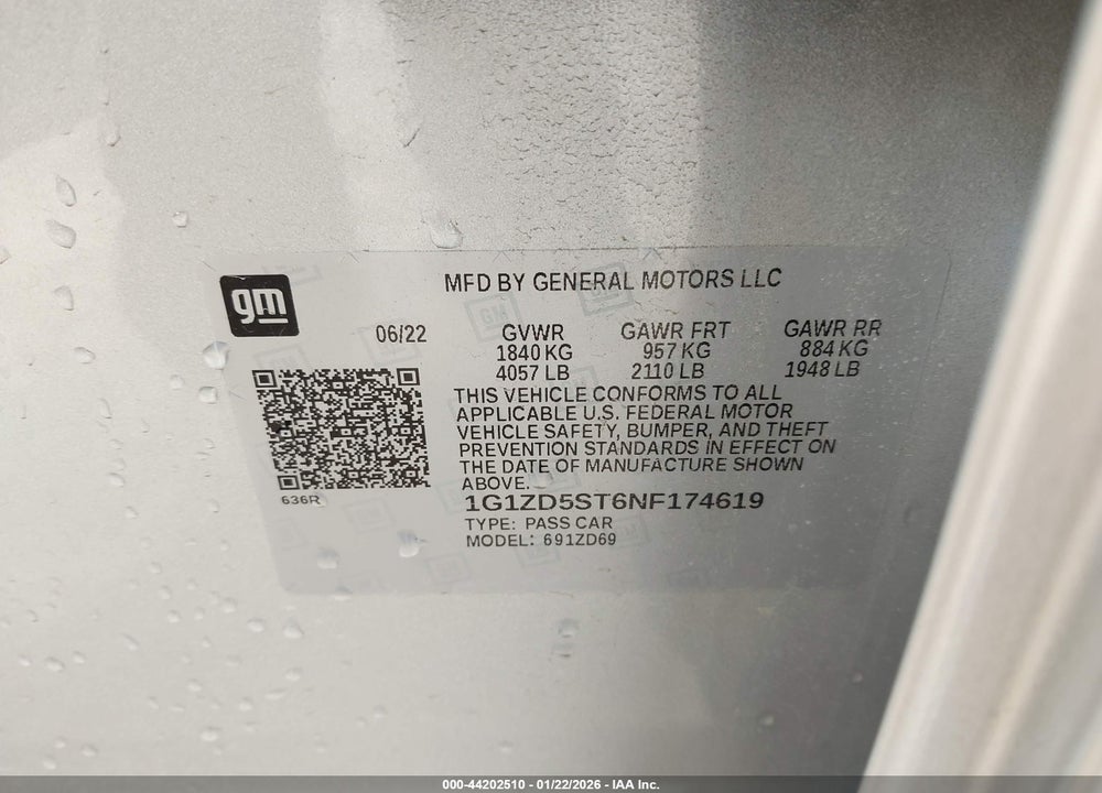 2022 CHEVROLET MALIBU FWD LT VIN: 1G1ZD5ST6NF174619