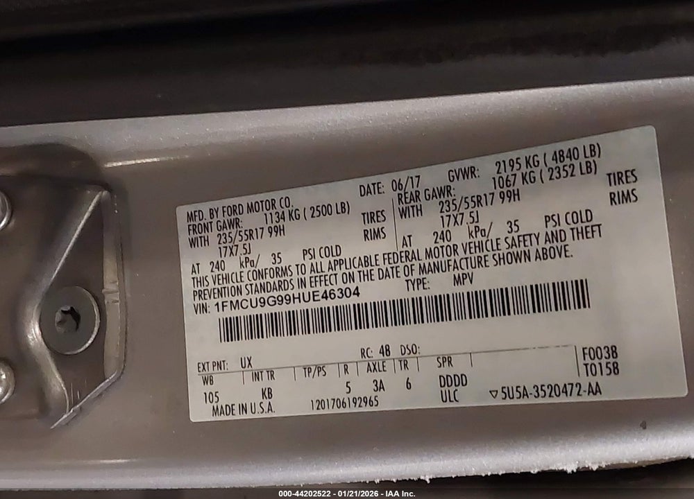 2017 FORD ESCAPE SE VIN: 1FMCU9G99HUE46304