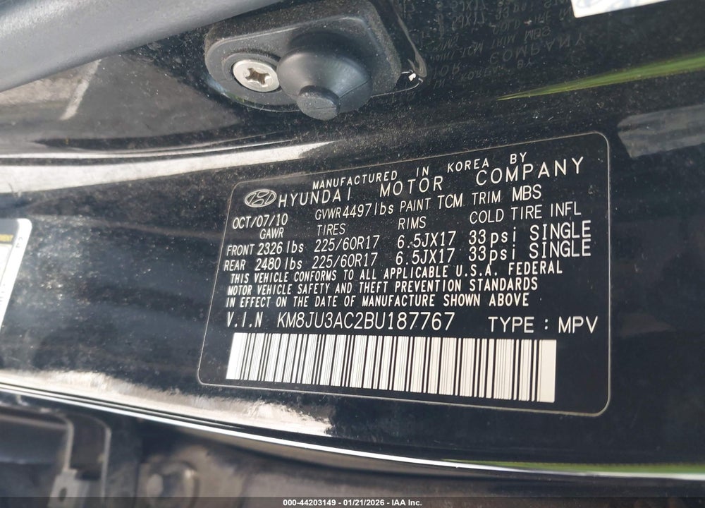 2011 HYUNDAI TUCSON GLS VIN: KM8JU3AC2BU187767