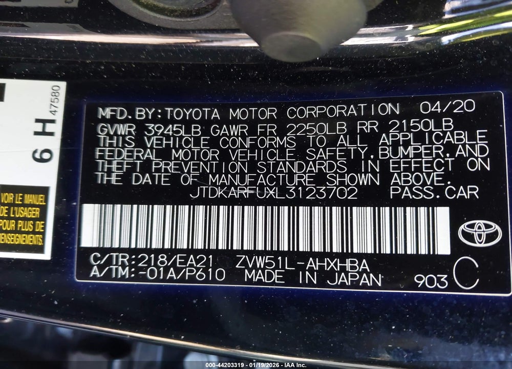 2020 TOYOTA PRIUS LIMITED VIN: JTDKARFUXL3123702