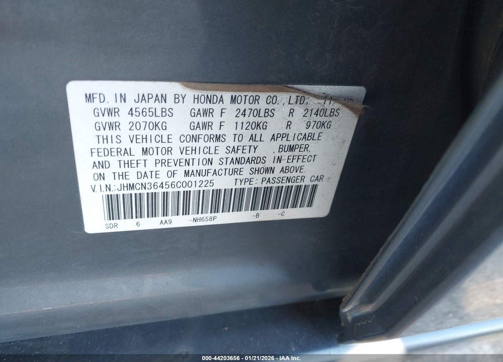 2006 HONDA ACCORD HYBRID VIN: JHMCN36456C001225