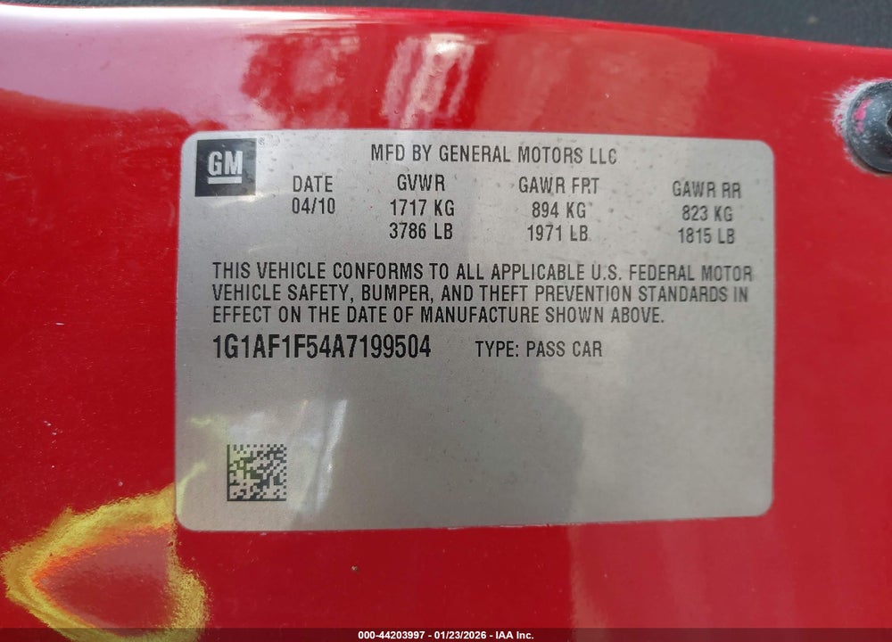 2010 CHEVROLET COBALT LT VIN: 1G1AF1F54A7199504