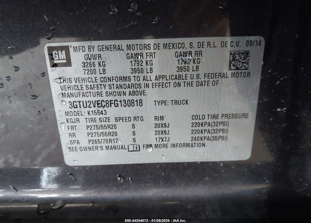 2015 GMC SIERRA 1500 SLT VIN: 3GTU2VEC8FG130818