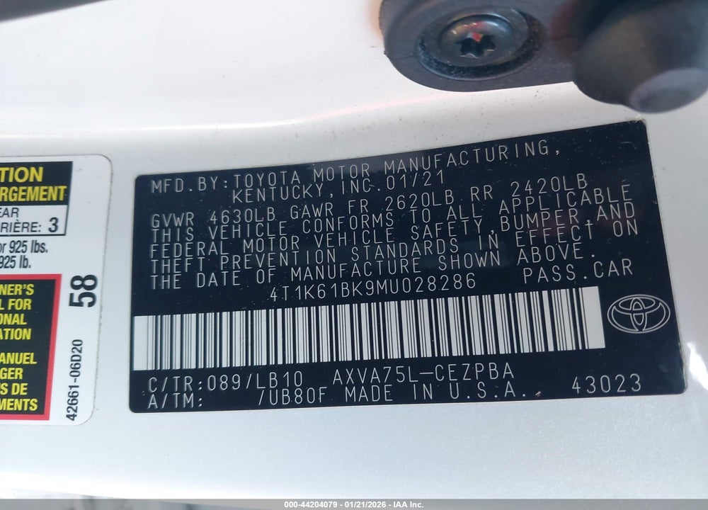2021 TOYOTA CAMRY XSE AWD VIN: 4T1K61BK9MU028286