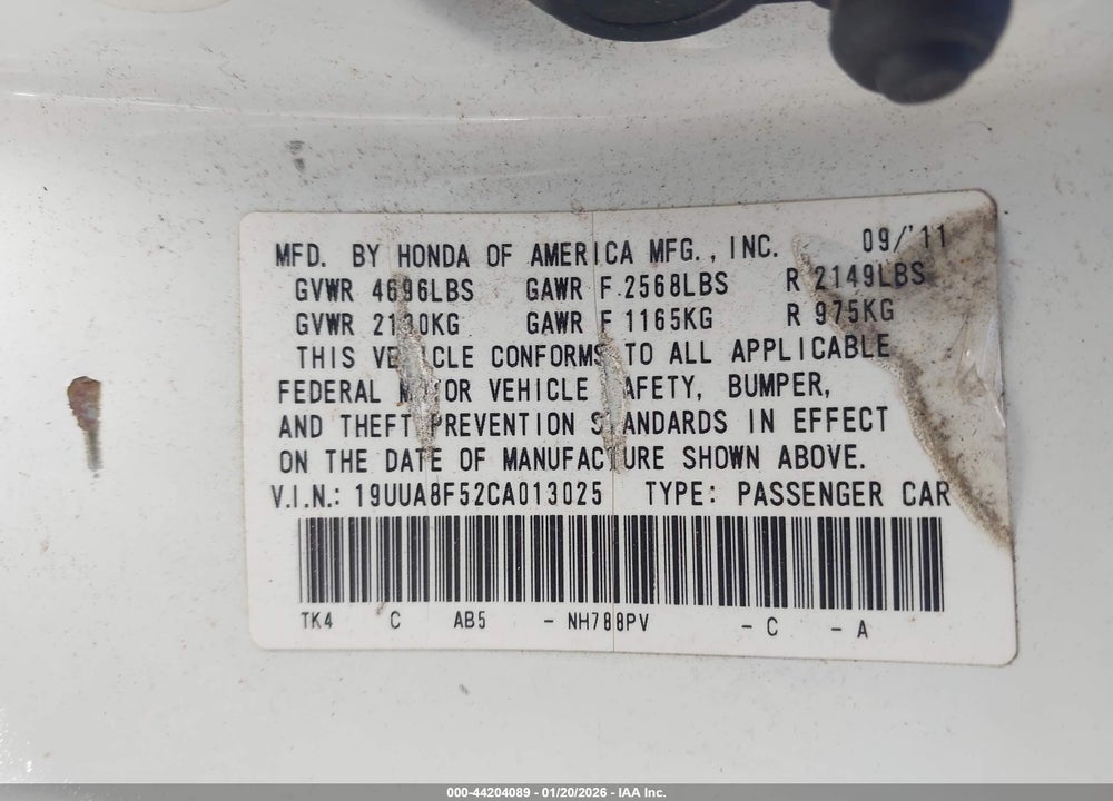 2012 ACURA TL 3.5 VIN: 19UUA8F52CA013025