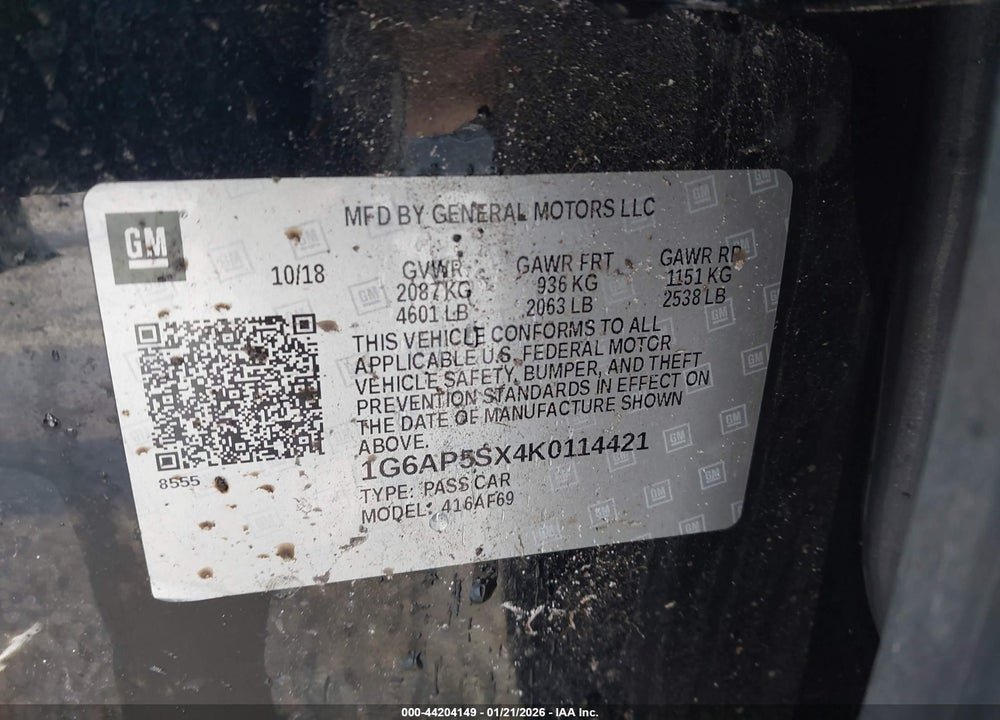 2019 CADILLAC CTS STANDARD VIN: 1G6AP5SX4K0114421