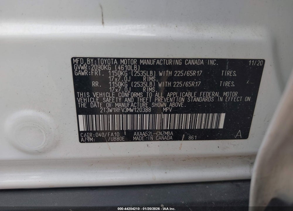 2021 TOYOTA RAV4 XLE VIN: 2T3W1RFV3MW120388