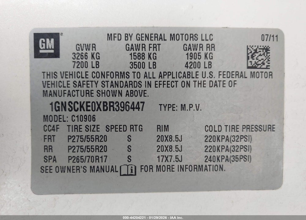 2011 CHEVROLET SUBURBAN 1500 LTZ VIN: 1GNSCKE0XBR396447
