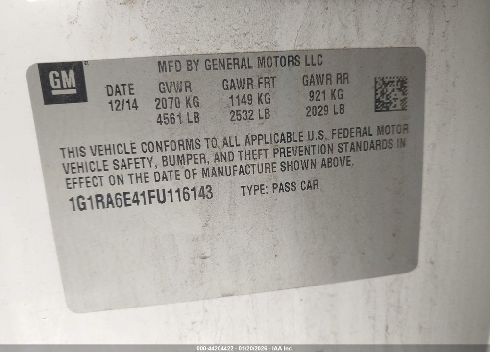 2015 CHEVROLET VOLT VIN: 1G1RA6E41FU116143