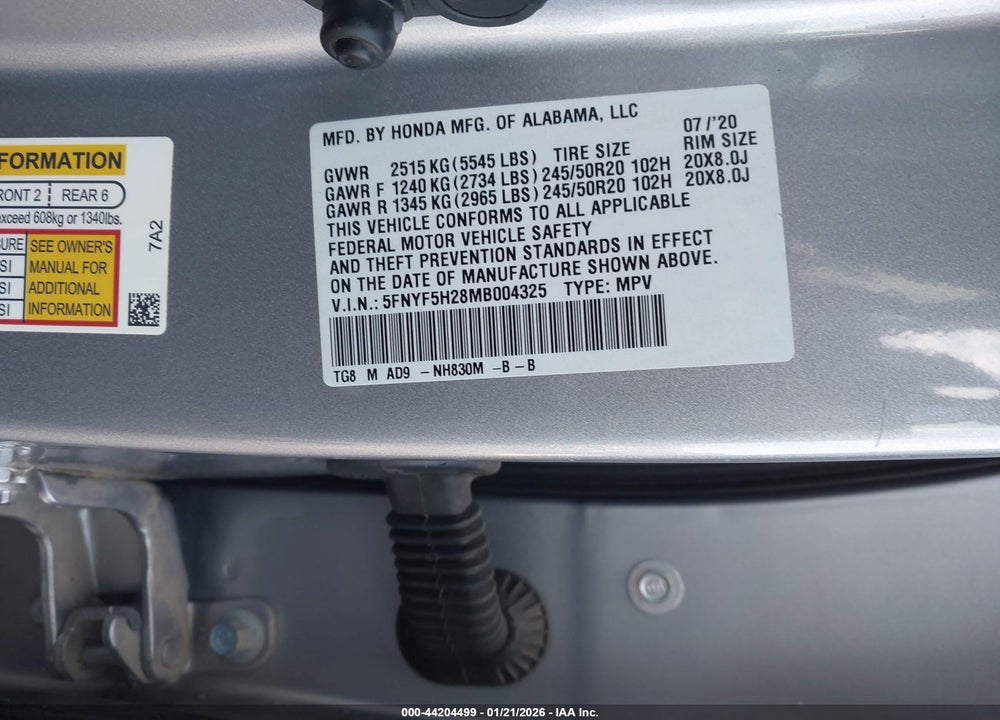 2021 HONDA PILOT 2WD SPECIAL EDITION VIN: 5FNYF5H28MB004325