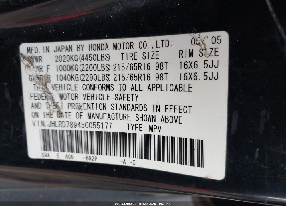 2005 HONDA CR-V SE VIN: JHLRD78945C055177