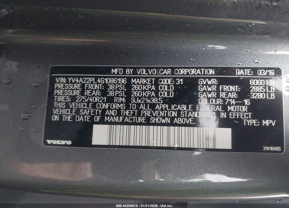 2016 VOLVO XC90 T6 INSCRIPTION VIN: YV4A22PL4G1086196