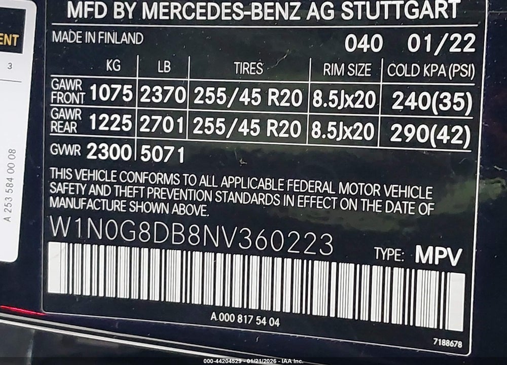 2022 MERCEDES-BENZ GLC 300 SUV VIN: W1N0G8DB8NV360223