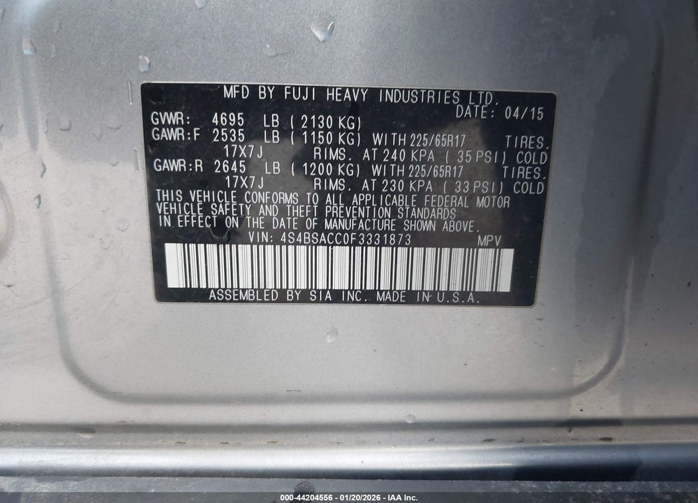 2015 SUBARU OUTBACK 2.5I PREMIUM VIN: 4S4BSACC0F3331873